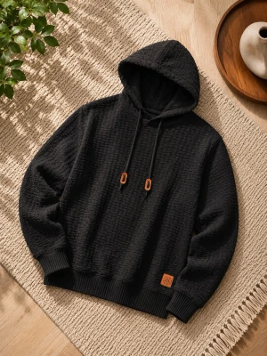 Svart Luvtröja med Våfflad Struktur - Storlek: L, Material: 100 % Polyester, utmärkt skick!