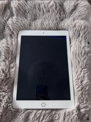 Apple iPad med silverfärgad baksida - Säljer en Apple iPad generation 6 med vit ram och silverfärgad baksida. Surfplattan har en stor svart skärm, rund hemknapp och Apples logga på baksidan. Tillverkad i metall och glas, perfekt för surf, spel och streaming.