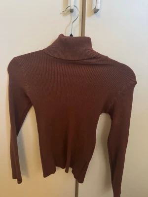 Brun ribbad polotröja - Säljer en brun ribbstickad polotröja med lång ärm och figurnära passform. Tröjan har hög polokrage och är tillverkad i ett mjukt, stretchigt material som sitter snyggt på kroppen. Perfekt för lager på lager under kyliga dagar.