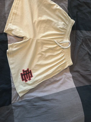 Beiga meshshorts med snörning - Snygga beiga meshshorts med elastisk midja och vit snörning. Shortsen har ett rött och svart broderat märke på vänster ben och är tillverkade i ett luftigt syntetmaterial som passar perfekt till sommaren. Det står att det är XL men för mig som har M är de för korta.