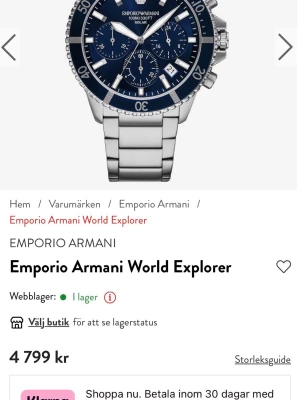 Armani klocka solar - Denna klocka laddas i solen om kan gå 100m ner i vattnet de e ingenting fel me den den behöver bara omställas så att tiden e rätt har en liten liten repa höger om pilen men annars väldigt bra skick fin klocka men just nu har jag inga extra länkar så den e liten den skulle kunna passa runt 11-14 år fast jage 14 o kan ha den men jag e också ganska smal så ja