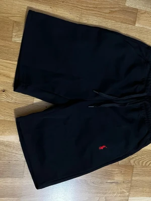 Svarta shorts från Polo Ralph Lauren - Säljer ett par svarta shorts från Polo Ralph Lauren med klassisk röd logga broderad på benet. Shortsen har snörning i midjan och är tillverkade i mjuk bomull, perfekta för sommardagar. Enkel och stilren design som funkar till det mesta. Storlek M.