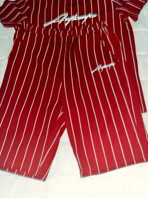 Röda randiga shorts med vit text - Säljer ett par röda shorts med vita vertikala ränder och vit signaturtext på ena benet. Shortsen har elastisk midja och är gjorda i ett mjukt material som känns bekvämt. Perfekta för en avslappnad och trendig stil.