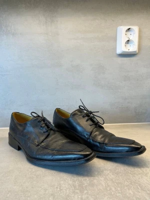 Svarta skinnloafers med snörning - Säljer ett par svarta loafers i äkta skinn med snörning och låg klack. Skorna har en elegant, spetsig tå och stilren design som passar till många olika outfits. Insidan är fodrad i en kontrasterande färg för extra detalj.