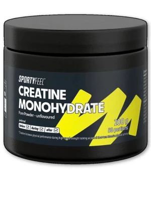 Sportyfeel Kreatin Monohydrat 200g - Kreatin Monohydrat från Sportyfeel i svart plastburk med gul och vit text. Innehåller 200 gram rent, smaklöst pulver som räcker till 58 portioner. Perfekt för dig som tränar och vill öka din prestation. Enkel att blanda i dryck eller shake.