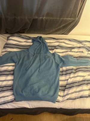 Ljusblå hoodie med huva - En enkel och snygg ljusblå hoodie med huva och dragsnören. Hoodien har långa ärmar och ribbade muddar vid ärmslut och nederkant. Perfekt för en avslappnad stil och passar till det mesta. Materialet ser ut att vara mjukt och bekvämt. 160-170