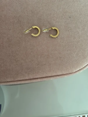 Edblad örhängen med diamanter - Säljer ett par små guldpläterade hoops med diamanter  längs framsidan. Har inte originala boxen eftersom att jag köpte de i affär, har inte heller orginal metall pluppen på baksidan men har en plast plupp istället.💕