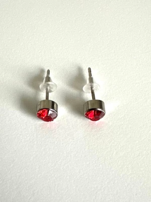 Silvriga örhängen med röd sten, helt NYA - Säljer ett par stilrena örhängen i silverfärgad metall med runda, röda glittrande stenar. Örhängena har klassisk stiftmodell och transparenta bakstycken. Perfekta för dig som gillar en enkel men färgstark detalj.