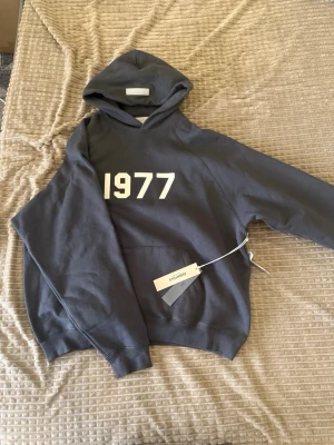 Mörkgrå Essentials 1977 hoodie - Snygg mörkgrå hoodie från Essentials med trycket '1977' i vitt på bröstet. Klassisk huva och känguruficka framtill. Tillverkad i mjuk bomullsblandning som känns skön mot huden. Perfekt för en avslappnad och trendig streetwear-look.
