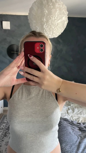 Ljusgrå ribbad linnetopp - Säljer en ljusgrå ribbad linnetopp med halterneck och smala axelband som korsas i ryggen. Toppen är croppad och har en tight passform, perfekt till jeans eller kjol. 