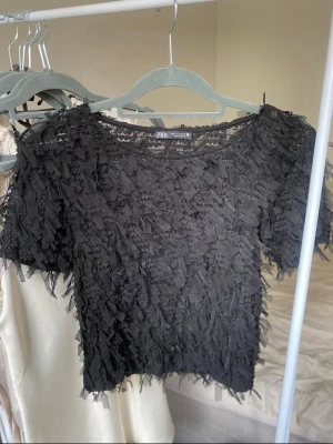 Svart topp med fransar - Säljer denna svarta topp med fransar från Zara. Storleken är S men passar även XS. Har du någon fråga är det bara att höra av dig🫶🏻