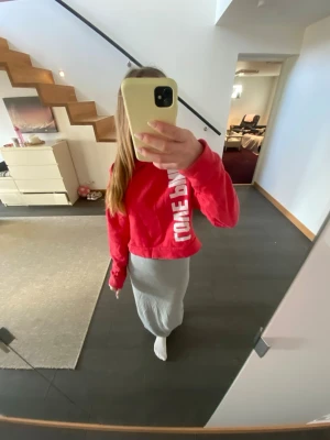 Röd hoodie från PINK med tryck - Säljer en röd hoodie från PINK med stort vitt tryck 'LOVE PINK' längs ena sidan framtill. Hoodien har huva och en avslappnad passform, perfekt för en chill och casual look. Materialet är mjukt och skönt, troligtvis bomull eller bomullsblandning.