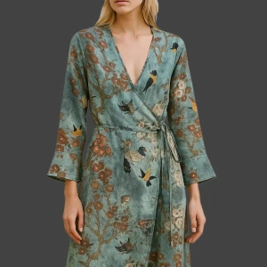 Blommig omlottklänning i sidenlook - Långklänning från Sixy Days med vackert blommigt och fågelmönster i gröna och bruna toner. Omlottmodell med knyt i midjan och långa ärmar. Tyget har en lyxig sidenkänsla och printet ger en romantisk vibe. Perfekt för dig som vill sticka ut med en unik och konstnärlig stil.