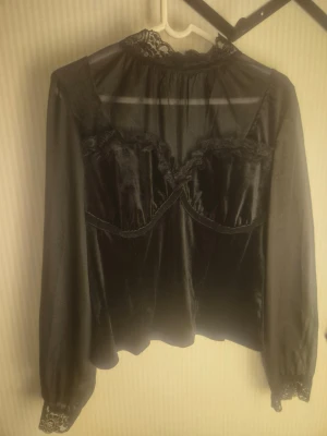 Svart sammetsblus med spetsdetaljer - Snygg svart blus i sammet med transparenta långärmade ärmar och spetsdetaljer vid halsringning och ärmslut. Figurnära passform med markerad byst och hög hals. Perfekt för en trendig och elegant look.