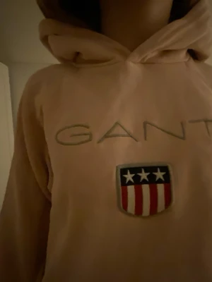 Ljusrosa hoodie från GANT med logga - Snygg ljusrosa hoodie från GANT med stor broderad logga och ett sköldmärke med stjärnor och ränder på bröstet. Hoodien har huva och en klassisk magficka.
