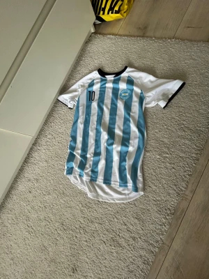 Argentina fotbollströja nr 10 - Snygg Argentina fotbollströja med klassiska blå och vita ränder, svart krage och ärmslut. Nummer 10 på både fram- och baksida samt texten 'ARGENTINA' på ryggen. Perfekt för fotbollsfans! Tunt och lätt material, troligen polyester.