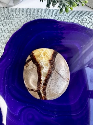 Septarian draksten handsten  - Vacker septarie handsten med tydliga naturliga mönster i beige, brunt och gyllene toner. En fascinerande sten där olika mineral möts och skapar ett unikt “drakägg-liknande” mönster.   Septarie kallas ofta drakstenen och sägs: 	•	ge stabilitet och djup jordning 	•	stärka inre trygghet och självförtroende 	•	hjälpa till att integrera känslor och erfarenheter 	•	vara perfekt vid reflektion, meditation och personlig utveckling  64 gram  5 cm lång 