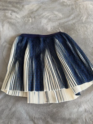 Plisserad blåvit kortkjol - Säljer en snygg plisserad kortkjol i blått och vitt med randigt mönster. Kjolen har en bred midjeresår och är tillverkad i ett lätt, flowy material som ger en luftig känsla. Perfekt för dig som gillar en stilren och trendig look.