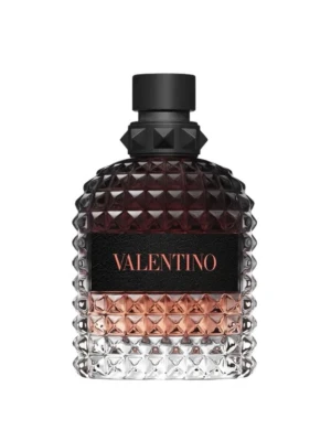 Valentino parfym med nitar - Snygg parfymflaska från Valentino med cool nitstruktur och svart lock. Flaskan har en färgskiftning från mörkröd upptill till klar nedtill och ett svart band med Valentino-loggan i guld. Perfekt för dig som gillar exklusiv design.