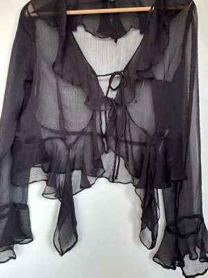 Svart transparent volangblus - Snygg svart transparent blus med volangdetaljer och knytning framtill. Blusen har långa ärmar och är tillverkad i ett tunt, lätt material som ger en luftig känsla. Perfekt för att skapa en trendig lager-på-lager-look.