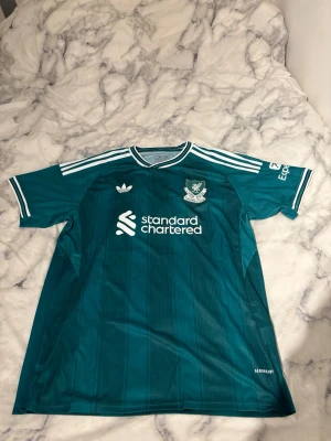 Liverpool M. Salah matchtröja teal - Säljer en tealgrön Liverpool matchtröja från Adidas med vita detaljer och tryck. Tröjan har Standard Chartered-logga, klubbmärke och Adidas-logga framtill samt M. Salah och nummer 11 på ryggen. Tillverkad i lätt och ventilerande material, perfekt för fotbollsträning.