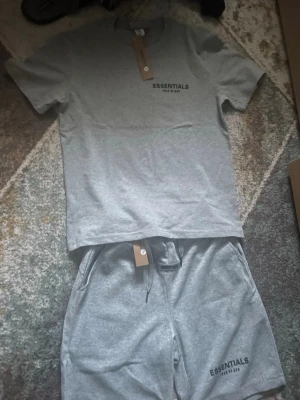 Grått set från Essentials Fear of God - Snyggt grått set från Essentials Fear of God med t-shirt och shorts. T-shirten har rund hals och tryck på bröstet, shortsen har dragsko i midjan och fickor. Båda plaggen har logga tryckt framtill. Perfekt för en avslappnad stil.