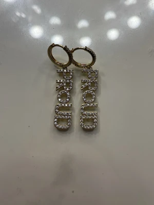 Guldörhängen med texten PROUD - Snygga örhängen i guldton med hängande texten 'PROUD' täckt av glittrande stenar. Bokstäverna är stora och tydliga, vilket ger ett statement-utseende. Perfekta för dig som vill sticka ut och visa din stolthet. Materialet ser ut att vara metall med gnistrande stenar.