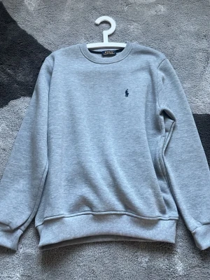 Grå sweatshirt från Polo Ralph Lauren - Klassisk grå sweatshirt från Polo Ralph Lauren med rund halsringning och broderad marinblå logga på bröstet. Tröjan har ribbade muddar vid ärmslut och nederkant, perfekt för en avslappnad och stilren look.