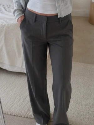 Gråa vida kostymbyxor - Snygga grå kostymbyxor med låg midja och raka, vida ben. Byxorna har pressveck framtill, bälteshällor och sidofickor. Perfekta för en clean och stilren look. 