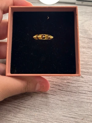 Guldfärgad ring med geometriska detaljer - Snygg guldfärgad ring med geometriska former från edblad storlek L/18,50 den är jätte bra allt är bra med den och kommer med lådan och vi kan diskutera priset bilden är inte så bra men om du är intresserad så kan jag skicka en till