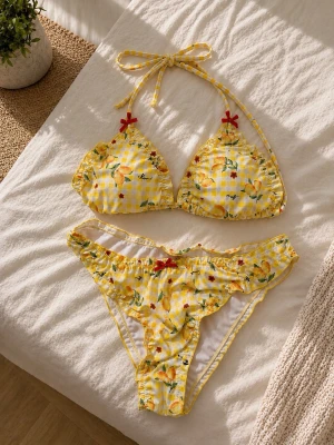 Gul blommig bikini med rosetter - Söt gul bikini med blommigt mönster och vita rutor. Toppen har halterneck-knyt och små röda rosetter framtill. Bikinitrosan har matchande blommor och en röd rosett i midjan. Perfekt för soliga dagar på stranden!