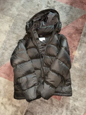 Ck jacka med huva som man kan ta bort. - Säljer en svart pufferjacka med stor huva och dragkedja framtill. Original pris 2300kr.  Jackan har breda, vadderade kanaler och två sidofickor med dragkedja. Perfekt för kalla vinterdagar och riktigt skön att bära. Materialet är glansigt och vattenavvisande. Storleken är m men passar bra på L. Går att pruta 