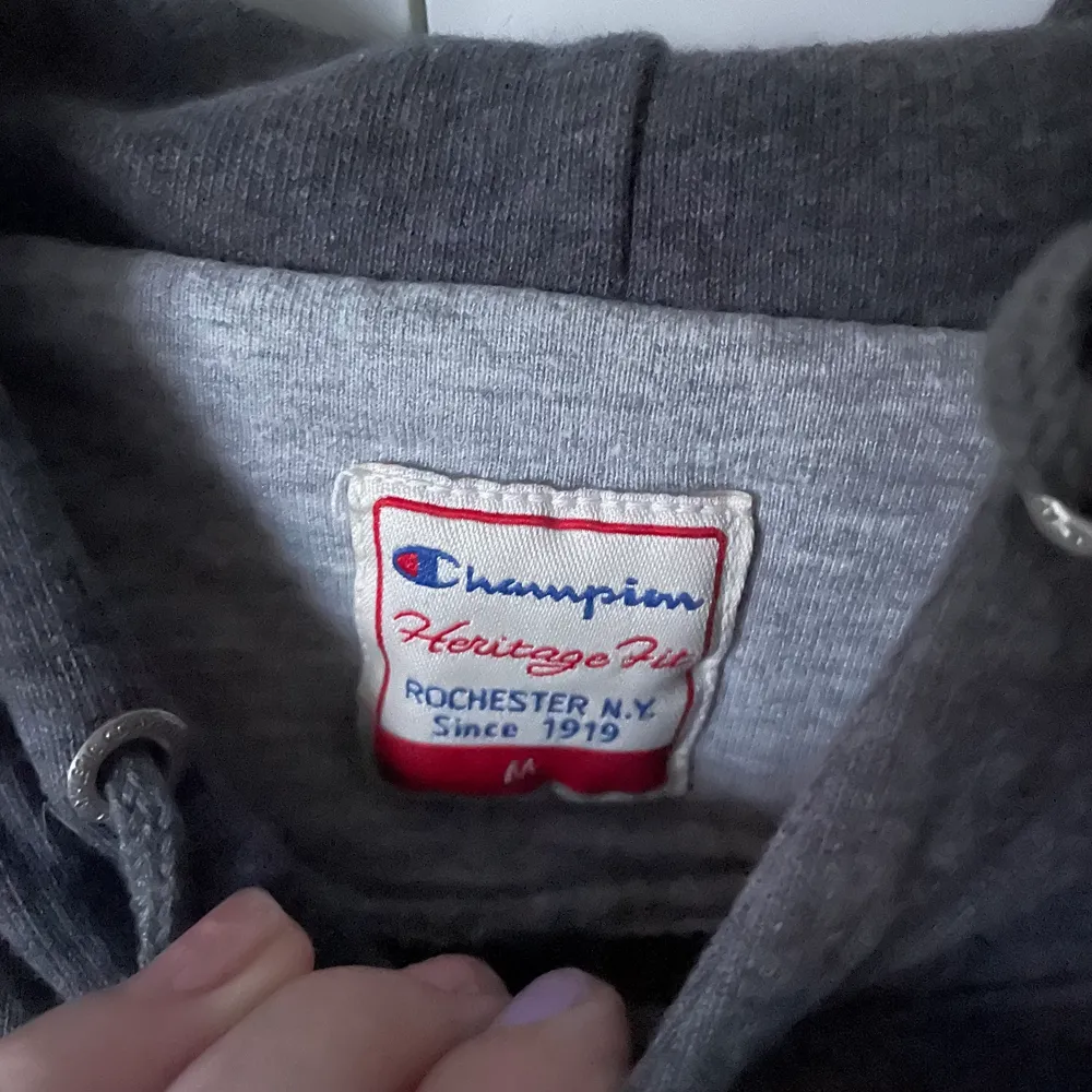 Mörkgrå vintage hoodie från champion som inte säljs i butik längre, väldigt bra skick💖. Hoodies.