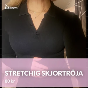 Stretchig tröja med skjortkrage - En svart stretchig tröja som har skjortkrage, sjukt snygg och lätt att både klä upp och klä ner. Perfekt längd vid magen och lite längre i ärmarna så den går över händerna lite. Så skön!! 🖤🖤🖤🖤
