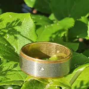 Guld och silver ring av rostfritt stål med fejk diamant, storlek 20, diameter 17mm, den färgar inte av eller gör dina fingrar gröna eftersom de är gord av stål.