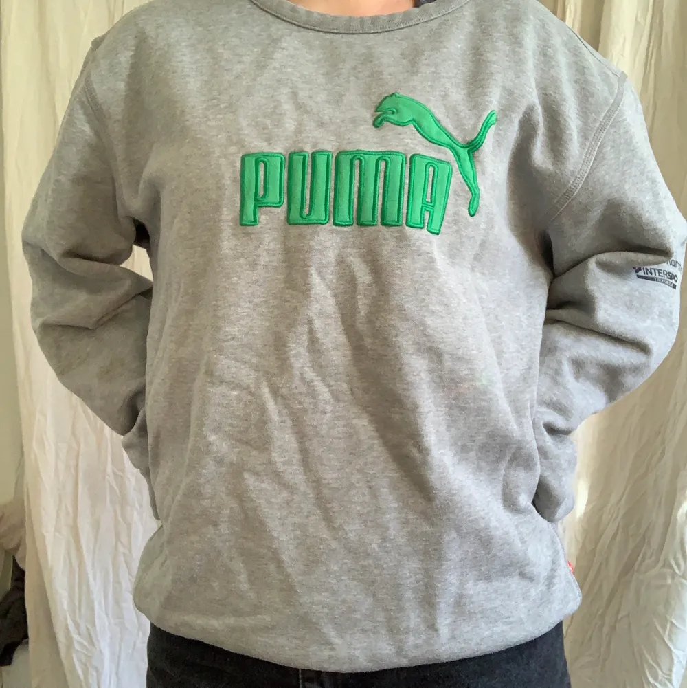 En grå sweatshirt/collegetröja med ett grönt pumamärke. Väldigt bra skick, ganska oversized också (på mig iallafall) vilket är najs. Säljer till högst budande :). Hoodies.