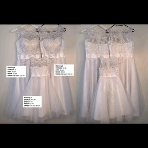 Brudnäbbs klänningar stl 34/36, 32 & 5år - Tre stycken ateljesydda klänningar till brudnäbb eller festklänningar. Måtten står i bilden. Skräddarsydda med mycket detaljer och lyxiga spets i Marbella, pris ca 12000SEK för alla tre. Säljes för 850, 850 och 500kr eller 1500kr för alla tre 