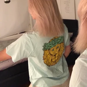 Ljusblå t-shirts med tryck  - En ljusblå t-shirts med tryck på ryggen och ett litet på bröstet💖 fin och somrig topp med väldigt fint skick. Säljer pga att den inte kommer till användning. Köparen står för frakt. 