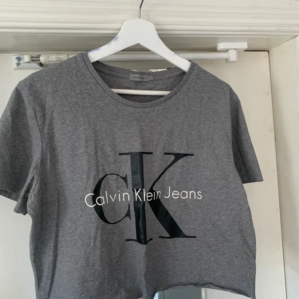 Är egentligen en avklippt grå T-shirt från Calvin Klein. Den är i storlek L men jag som är XS tycker den sitter snyggt på mig. Gillar man oversize så är den perfekt. Sen passar den ju såklart på en L person.. T-shirts.