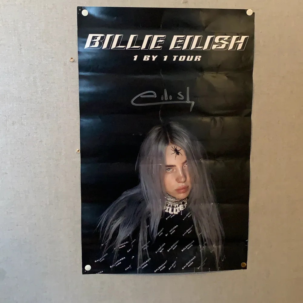 Säljer en Billie Eilish poster som jag fick under hennes konsert där jag hade VIP biljetter. Postern blev signerad på plats så självklart äkta. Buda från 300+frakt 💕. Övrigt.