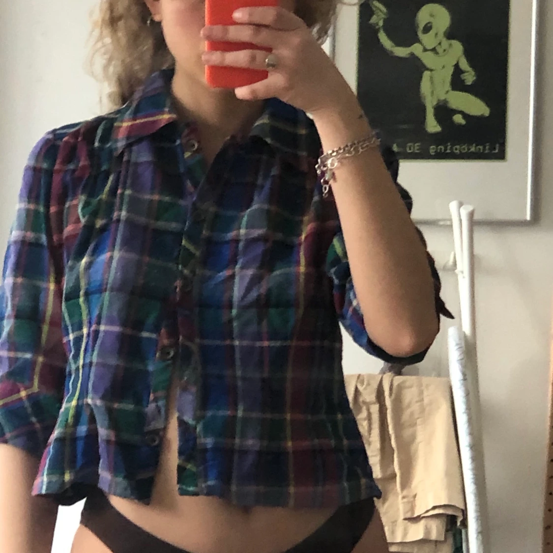 Söt rutig blus puffiga ärmar - 90