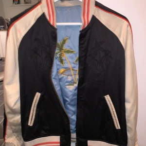 Levis vändbar jacka  - Mycket cool jacka ifrån Levis, en liten röd fläck finns men inget jag försökt få bort heller, annars fint skick. Finns fler bilder vid intresse, den svarta sidan har en text på ryggen och den blåa sidan har palmer. Fickor åt båda hållen. 