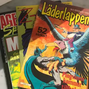 Säljer gamla serietidningar köpta second hand. Tre stycken tidningar : Agent X9 år 1994, Läderlappen - 1979 och Z-Hämnaren år 1980. 10 kr styck och köparen står för frakt! 