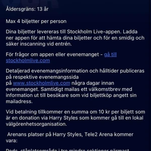  Harry Styles biljetter!!!! -   Två styckna sittplatser på Harry Styles konsert i Stockholm 29 juni!! (Säljes tillsammans endast) pris för båda 2500kr😍 (((köptes för 2000 styck)))