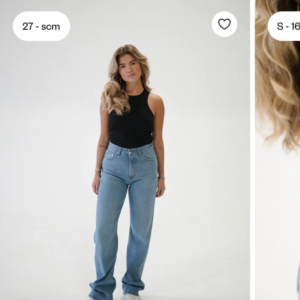 Säljer mina super fina och knappt använda Djerf avenue jeans på grund av att dem har blivit försmå. Jeans har en hög midja och rakpassform sitter supersnyggt på och är i ett bekvämt och mjukt material.. Jeans & Byxor.