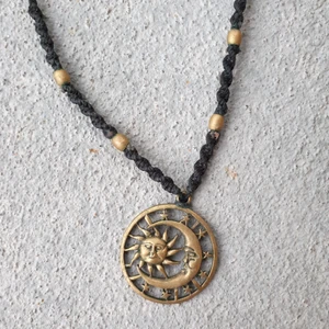 Celestial handmade braided necklace - Handmade black brass moon and stars necklace. Secondhand condition. Can be shortened by pulling knot to choker length.