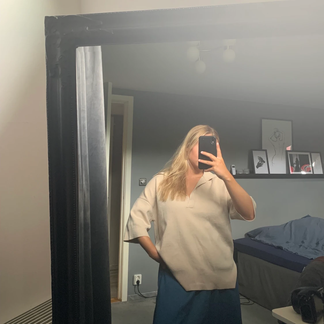 Beige finstickad kortärmad tröja - 91