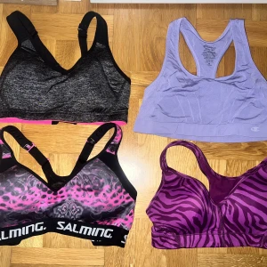 Sportbh - Sportbhar ej använda men har legat i garderoben. Första svartrosa i stl S. Lila stl M. Rosa leopard nere i stl M. Rosa/lila nere i stl 70C (ungefär S) 50 kr styck eller alla för 150kr