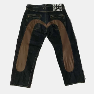 rare vintage evisu genes osaka brown leather diacock denim jeans - -rare vintage evisu genes osaka brown leather diacock denim jeans  -size: 36” (fit like 33x31) 