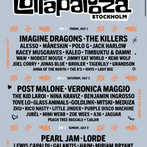 Lollapalooza 3-dagarsbiljett - Intressekoll på en 3-dagarsbiljett till Lollapalooza som köptes 2020 men som automatiskt förnyats till årets festival pga covid, alltså såklart giltig på årets festival. Hade verkligen gått men har ingen att gå med därav säljer jag min biljett för ett billigare pris till någon som är sugen💕 skriv om ni har några frågor ⭐️⭐️⭐️Har biljetten på mobilen så personen som köper får en screenshot men kan också skrivas ut och skickas på post om det önskas, då står köparen för brevkostnad 💕